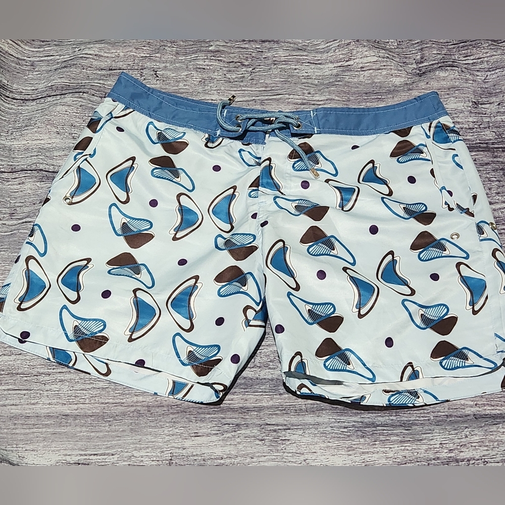Mr. Swim Blue Brown Design Swim Trunks Lined Beach Men's Size 34